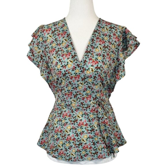 Monteau Brick Size S Womens Floral Summer Faux Wrap Top Ruffle Sleeve Blue Pink - Picture 2 of 9